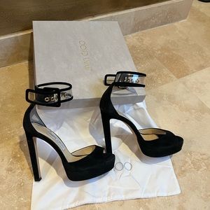 JIMMY CHOO MAYNER BLACK SUEDE WITH CLEAR ANKLE STRAP size 36.5 (61/2)0